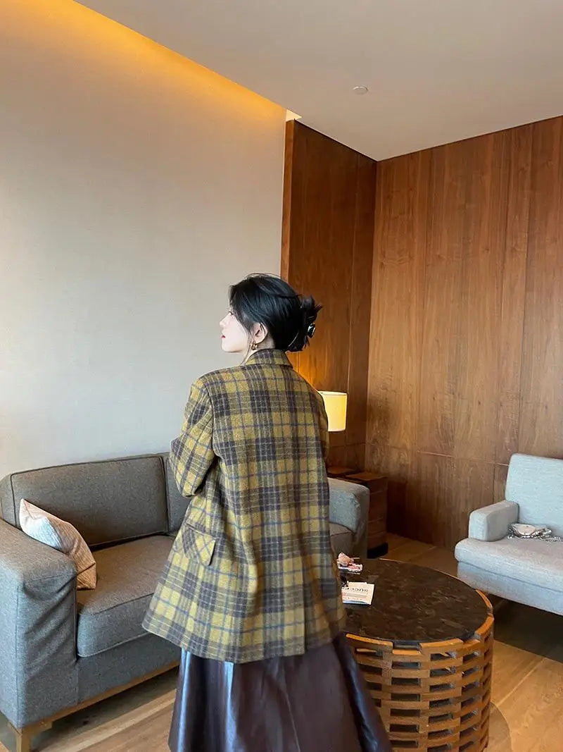 Women's Mid-Length Plaid Wool Coat 2025 Autumn Winter Arrival, Korean Style Warm Blazer, Trendy Yellow Brown Checkered Jacket
