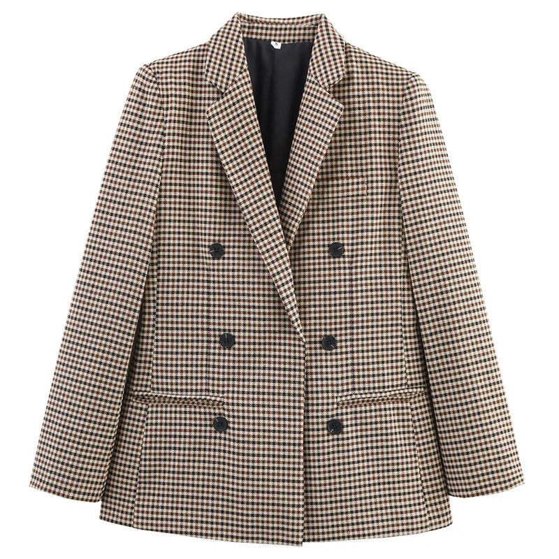 Elegant Plaid Long Sleeve Blazers Women 2025 Double Breasted Office Suit Jacket Woman Casual Turn Down Collar Outwear Lady