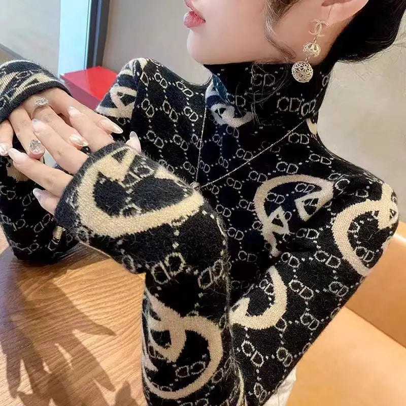 Winter Clothes Women Korean Fashion Luxury High Collar Basic Knitted Sweater Elegant Chic Long Sleeve Slim Pullover Tops Jumpers