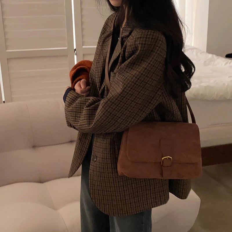 Vintage Plaid Women Blazers Japanese Autumn Winter Casual Office Lady Suit Jacket Female Retro Button Small Fragrance Outwear