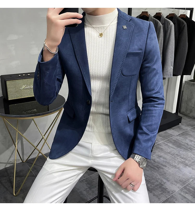 Deerskin Leather Jacket Blazer Men Casual Slim Fit Blazer Hombre Suit Leather Jacket Men Terno Masculino Men Clothing 6 Color