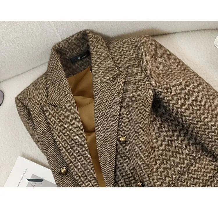 Autumn Winter New Chic Blazer Coats Women's Woolen Jackets Long Sleeve Notched Vintage Thick Outerwears Elegant Female Clothes