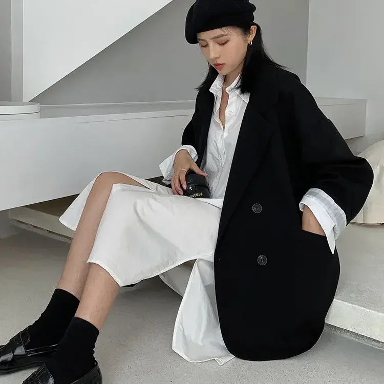 2025Autumn new vintage solid loose women suit blazer chic double breasted womenlong sleeve suit jackets clothes