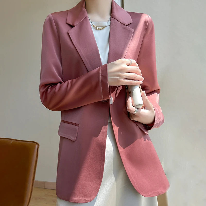 Women Blazers Spring Summer New Fashion Korean Silk Satin Suit V-neck Loose Top Jacket Single Button Suit Blazers Outerwear