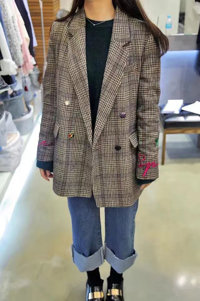 Retro Houndstooth Flower Embroidery Blazers Lapel Plaid Jacket OL Long Coat Woman Suits Loose Double-breasted Cardigan Tops