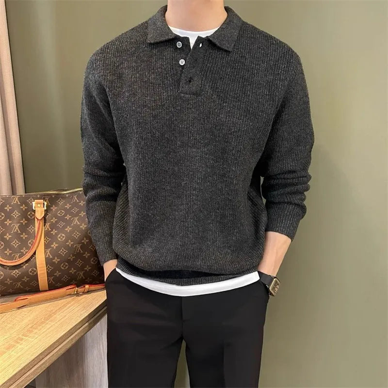 Mens Knit Sweater Autumn Winter Pullover Korean Soft Heavyweight Knit Polo Sweaters Minimalist Long Sleeve Solid Casual Top