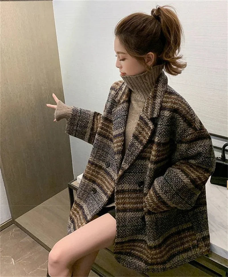 Spring Autumn Ladies Woollen Coat Korean Female Medium Long Styles Blazer Top Women Fashion Loose Plaid Wool Blend Suit Jacket