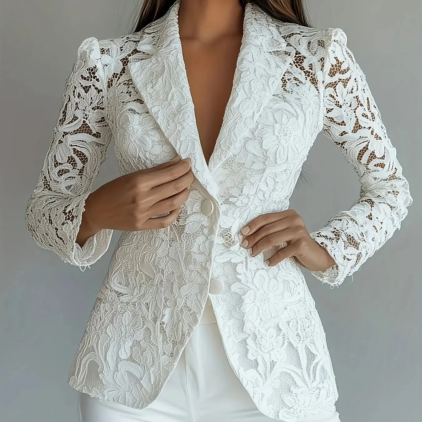 Elegant Lace-Trimmed Women's Single-Breasted Notch Lapel Blazer Jacket - White H-Silhouette Machine-Washable Spring/Summer Light