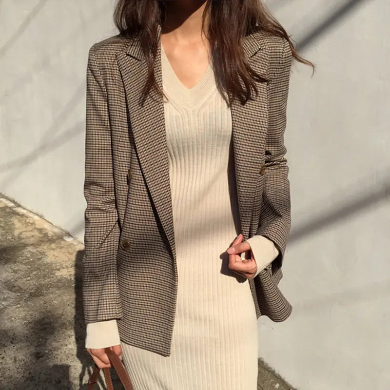 Vintage Double Breasted Office Ladies Plaid Blazer 2025 Pockets Loose Houndstooth Retro Suit Coat Jacket Women Blazers Female