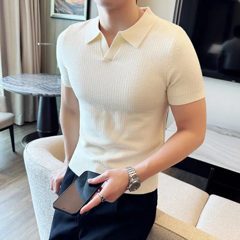 Men's Slim Fit Polo Collar Jacquard Knit Sweater - Beige, Gray, Brown  Black, Modern Base Layer for Casual & Formal Wear T-shirt
