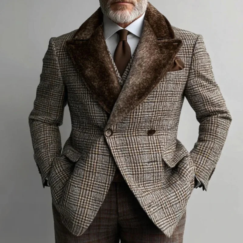 Elegant Business Suits Men Houndstooth Elegant Style Prom Blazers Plush Peak Lapel Double Breasted Groom Wedding Tuxedos 2025