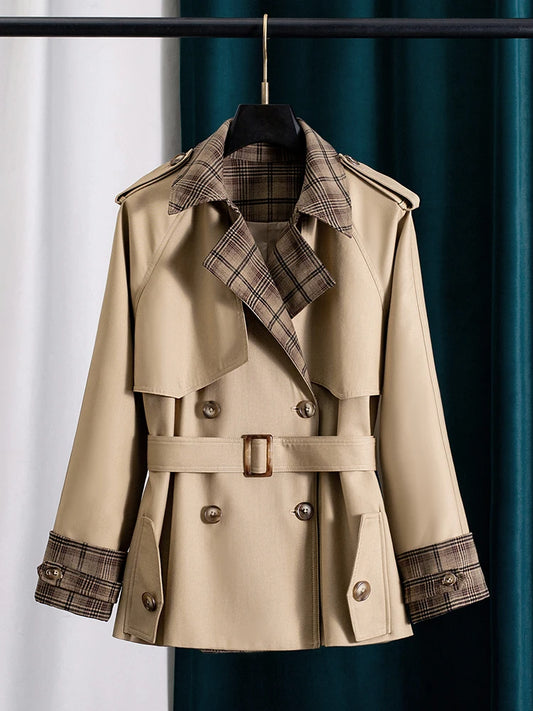 Khaki Plaid Trench Coat for Women Spring Short Loose Belted Jacket Long Sleeve Vintage Elegant Casual Outerwear