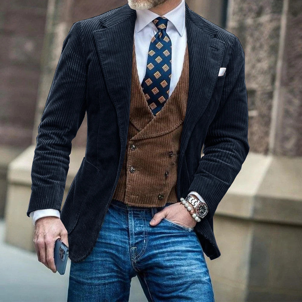 Men's Corduroy Blazer Jacket Beige Slim Fit Comfortable Elegant Business Casual Suit Coat with Large Pockets Stylish Formal Mens