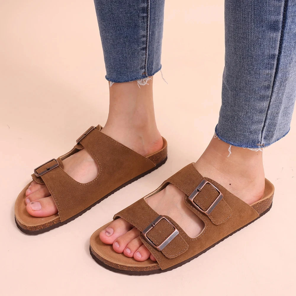 Litfun Cork Footbed Beach Sandals For Women Men Fashion Thick Sole Cork Slippers Summer Beach Shoe Classic Open Toe Flat Sandals