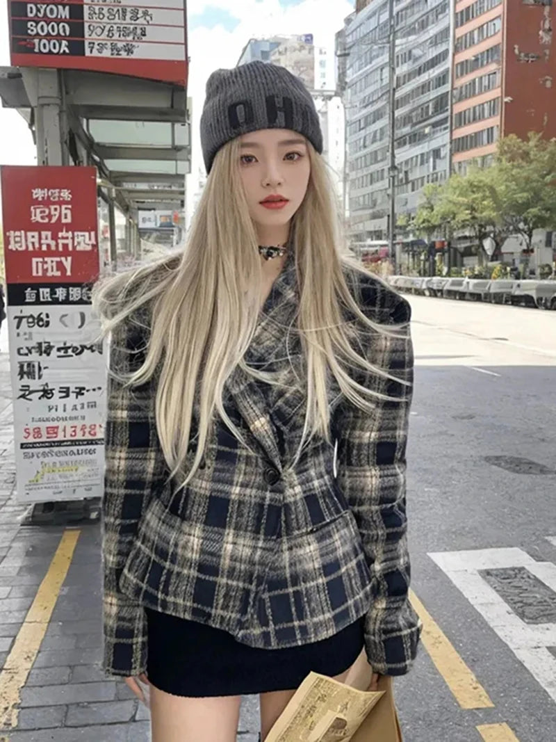 Women Vintage Plaid Blazers Long Sleeve Button Slim Fit Office Lady Suit Jacket American Retro Streetwear Casual Woolen Coats