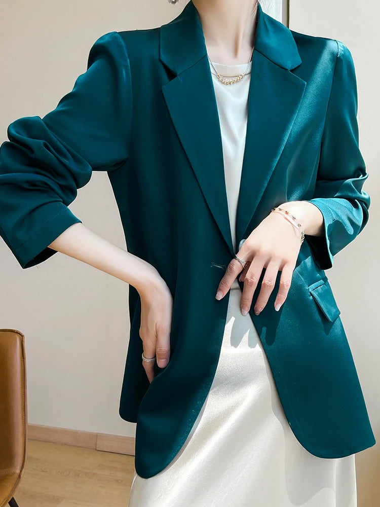 Women Blazers Spring Summer New Fashion Korean Silk Satin Suit V-neck Loose Top Jacket Single Button Suit Blazers Outerwear