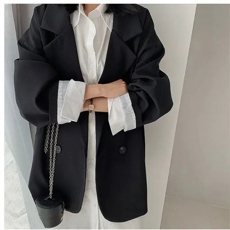 2025Autumn new vintage solid loose women suit  blazer  chic double breasted womenlong sleeve suit jackets clothes