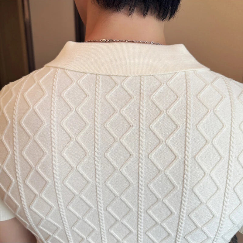 2025 Spring Summer New Men's Polo Collar Slim Fit Jacquard Knit Sweater - Stylish Base Layer in Beige, Brown, Gray & Black