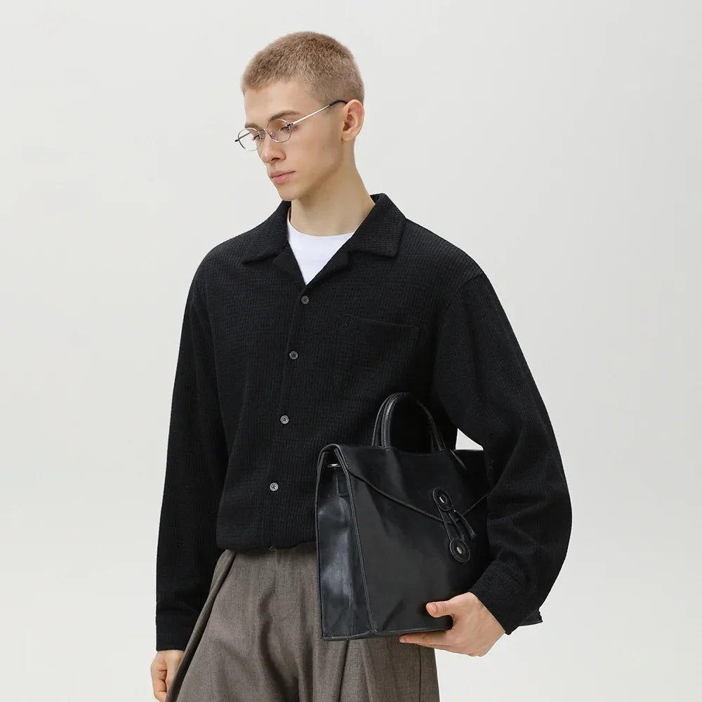 TFETTERS 2025 Autumn Winter Vintage Cuban Collar Shirt Men Elegant Texture Long Sleeve Loose Fit Shirt Man Designer Clothes