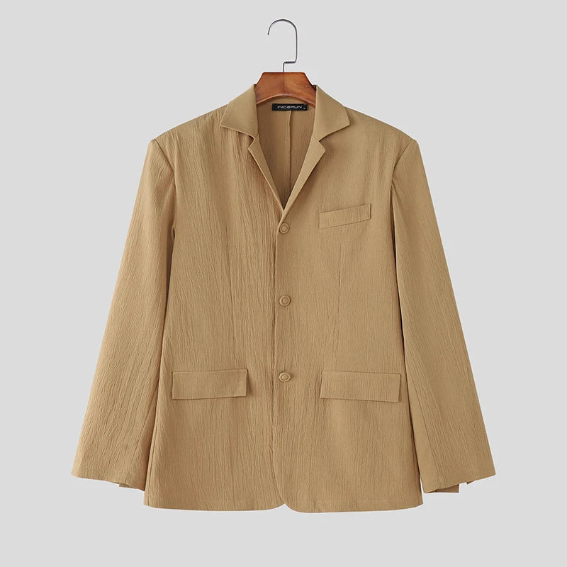 INCERUN Men Blazer Lapel Long Sleeve Solid Color Button Male Suit Streetwear Elegant 2025 Fashion Casual Thin Coats Men S-3XL