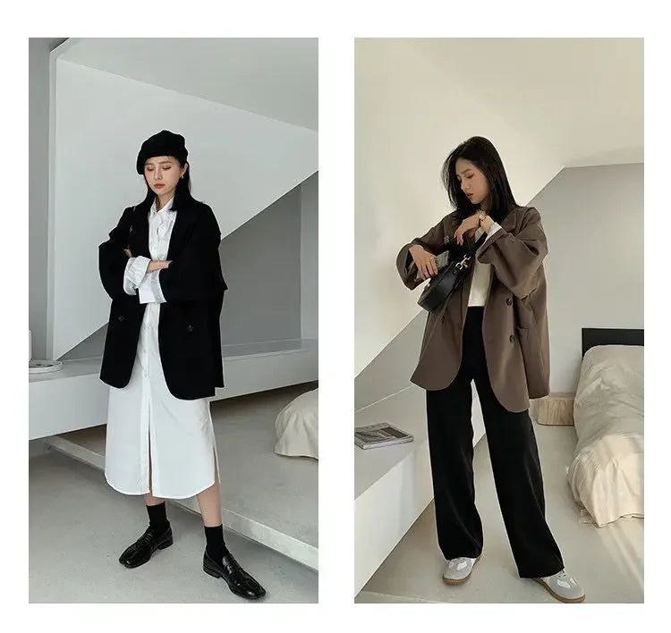 2025Autumn new vintage solid loose women suit  blazer  chic double breasted womenlong sleeve suit jackets clothes