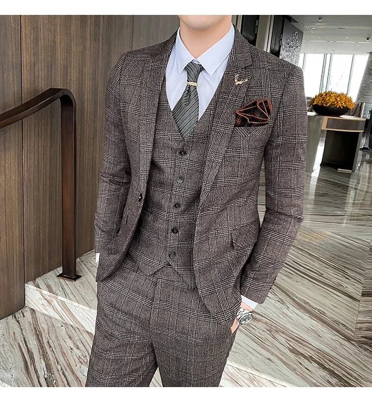 Men's Suit 3 Piece, Business Casual Jacket Vest with Trousers, Gray Dark Brown Slim Fit Suit, Asian Size M-5XL