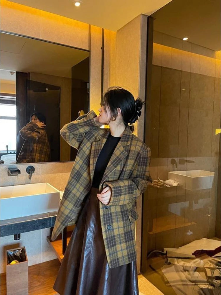 Women's Mid-Length Plaid Wool Coat 2025 Autumn Winter Arrival, Korean Style Warm Blazer, Trendy Yellow Brown Checkered Jacket