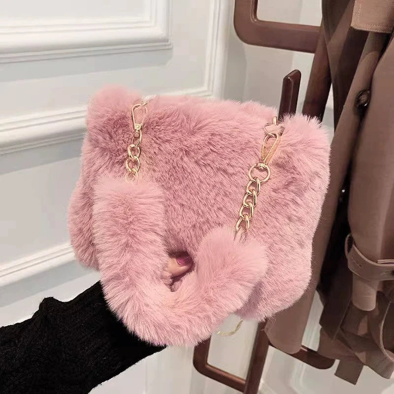 Plush Faux Fur Tote Bag for Women Winter Shoulder Bag Casual Fluffy Crossbody Bags Fashion Chain Handbag Girls Soft Purse