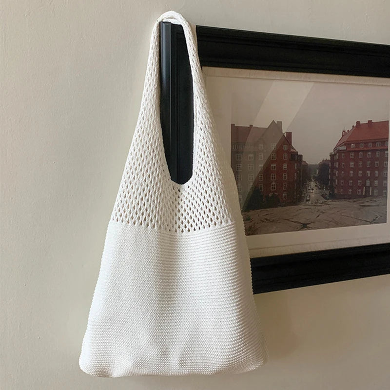 New Trend Women's Bag Crochet Handbag Retro Knitted Braid Solid Color Hollow Black Khaki Top-handle Tote Bag Shopper