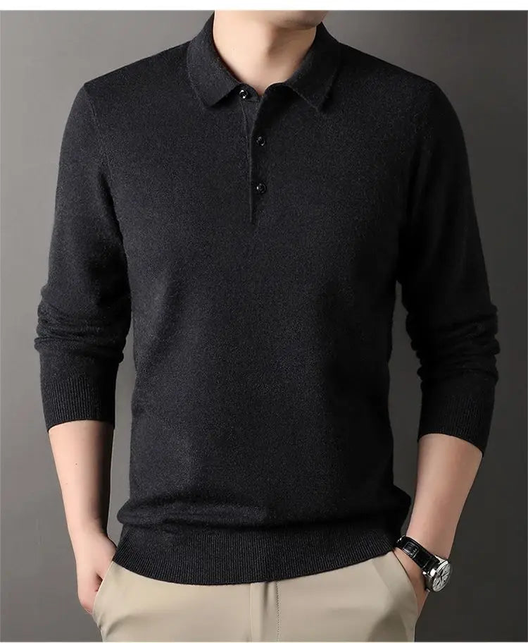 Male Polo Shirt Soft Lightweight Warm Knitted Luxury Simple Button Up Pullover 2025 Lapels Comfortable Business Sweater Clothing