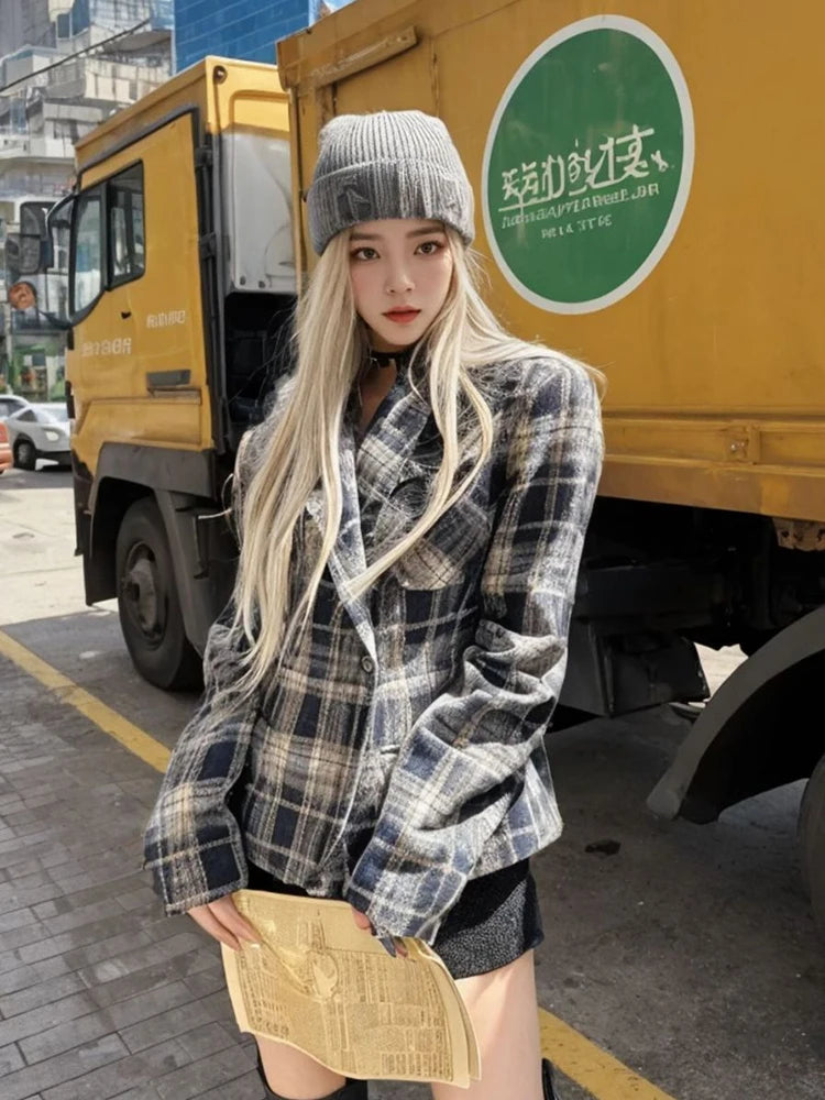 Women Vintage Plaid Blazers Long Sleeve Button Slim Fit Office Lady Suit Jacket American Retro Streetwear Casual Woolen Coats