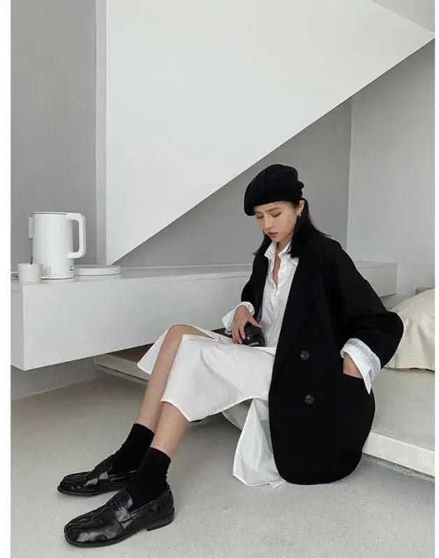 2025Autumn new vintage solid loose women suit  blazer  chic double breasted womenlong sleeve suit jackets clothes