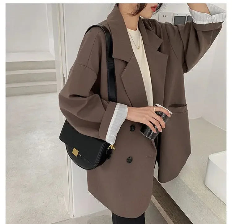 2025Autumn new vintage solid loose women suit  blazer  chic double breasted womenlong sleeve suit jackets clothes