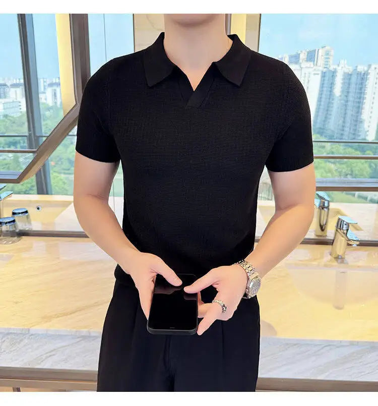 Men's Slim Fit Polo Collar Jacquard Knit Sweater - Beige, Gray, Brown  Black, Modern Base Layer for Casual & Formal Wear T-shirt