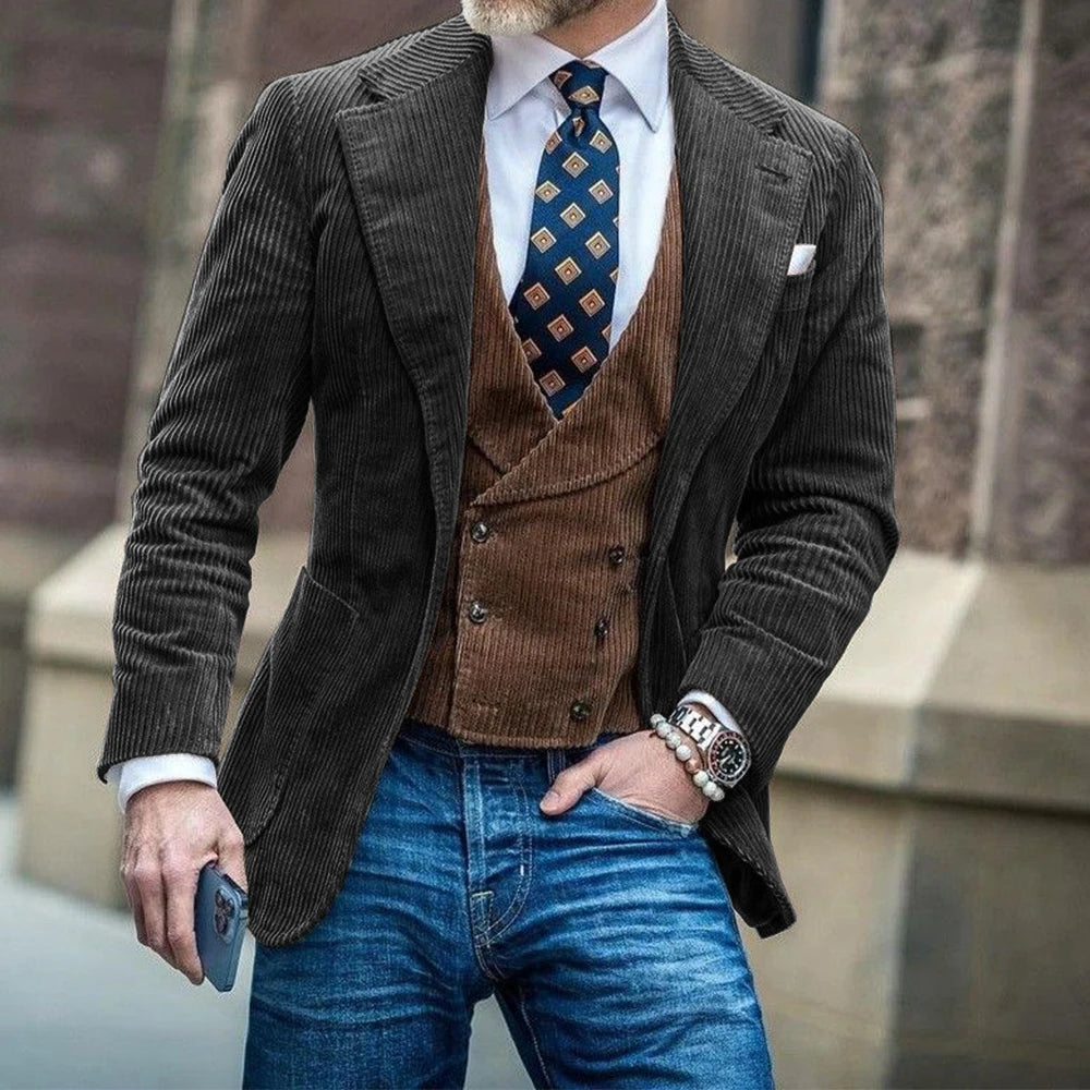 Men's Corduroy Blazer Jacket Beige Slim Fit Comfortable Elegant Business Casual Suit Coat with Large Pockets Stylish Formal Mens