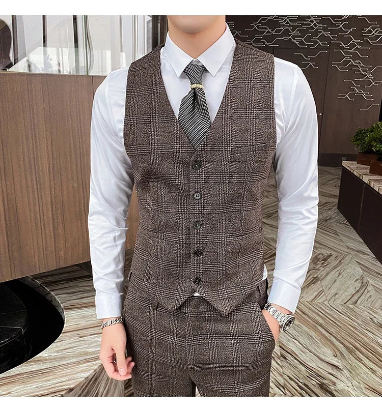 Men's Suit 3 Piece, Business Casual Jacket Vest with Trousers, Gray Dark Brown Slim Fit Suit, Asian Size M-5XL