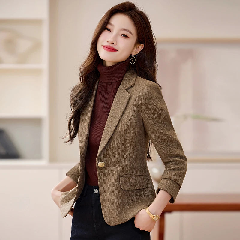 NAVIU Fashion Women Blazer Ladiess Gray Brown Wool Solid Long Sleeve Female Business Work Wear Slim Formal Jacket For Spring