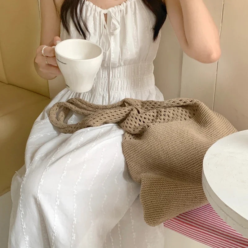 New Trend Women's Bag Crochet Handbag Retro Knitted Braid Solid Color Hollow Black Khaki Top-handle Tote Bag Shopper