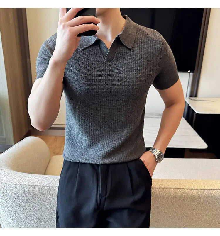 Men's Slim Fit Polo Collar Jacquard Knit Sweater - Beige, Gray, Brown  Black, Modern Base Layer for Casual & Formal Wear T-shirt