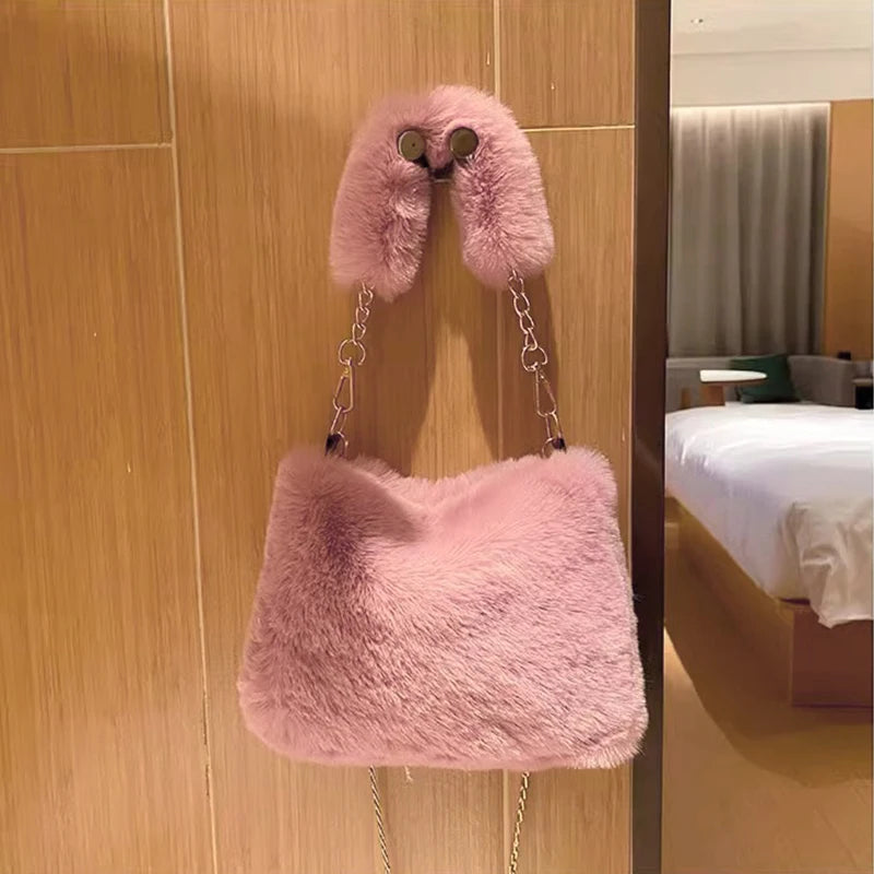 Plush Faux Fur Tote Bag for Women Winter Shoulder Bag Casual Fluffy Crossbody Bags Fashion Chain Handbag Girls Soft Purse