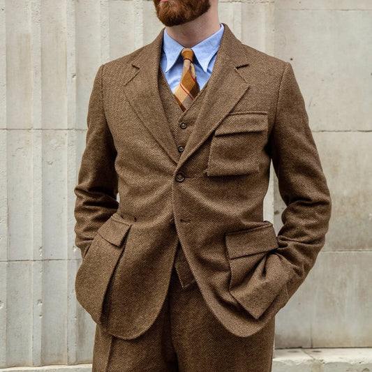 New  Men's Suits 3 Pieces Men's Herringbone Blazer Single Breasted Tweed Real Pocket Groomsmen Wedding Suits（Blazer+Vest+Pants)