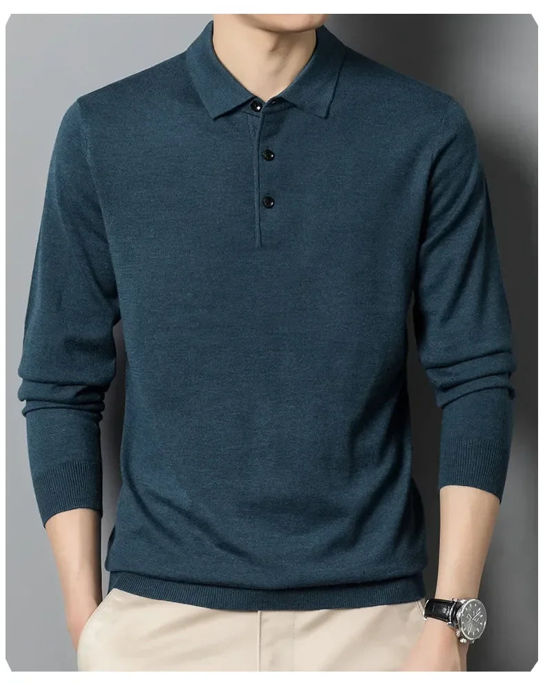 Men's Autumn Long-Sleeved Wool Blend Solid Color Polo Pullover Sweater with Lapel, Casual Bottoming Sweater -Sizes M-4XL