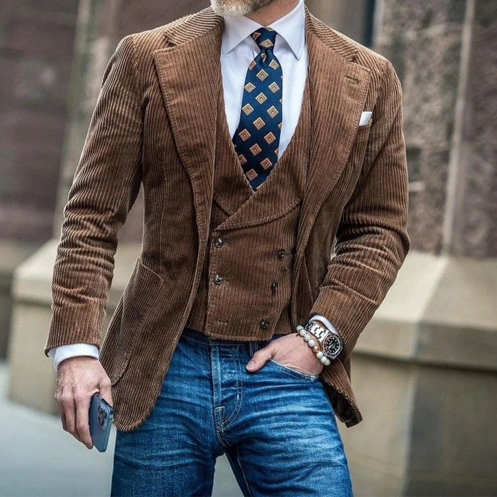 Men's Corduroy Blazer Jacket Beige Slim Fit Comfortable Elegant Business Casual Suit Coat with Large Pockets Stylish Formal Mens