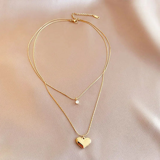 Stainless Steel 14K Gold Heart Pendant Necklace Women's Simple Chain Stylish Design Sense Jewelry Double Layer
