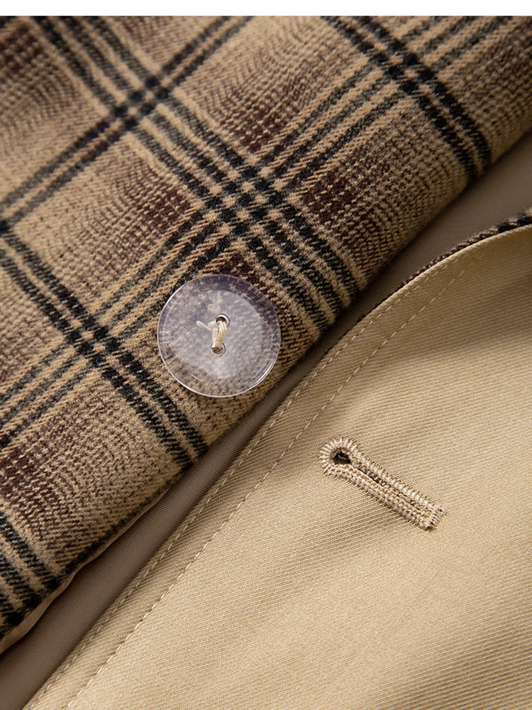 Khaki Plaid Trench Coat for Women Spring Short Loose Belted Jacket Long Sleeve Vintage Elegant Casual Outerwear