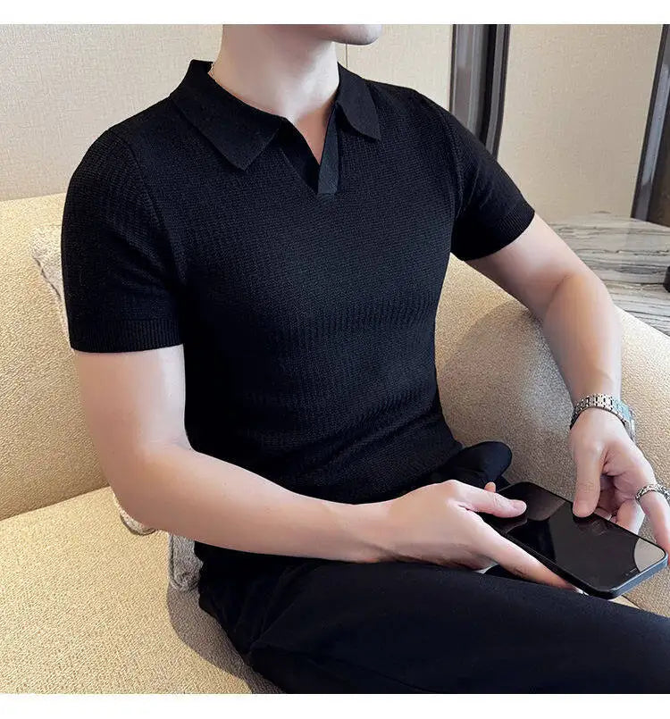 Men's Slim Fit Polo Collar Jacquard Knit Sweater - Beige, Gray, Brown  Black, Modern Base Layer for Casual & Formal Wear T-shirt