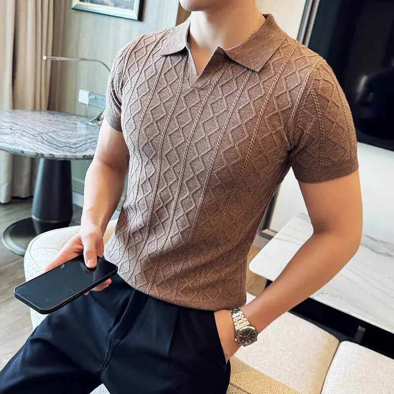 2025 Spring Summer New Men's Polo Collar Slim Fit Jacquard Knit Sweater - Stylish Base Layer in Beige, Brown, Gray & Black