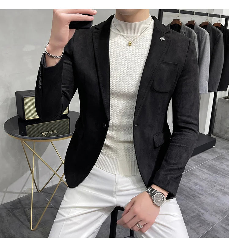 Deerskin Leather Jacket Blazer Men Casual Slim Fit Blazer Hombre Suit Leather Jacket Men Terno Masculino Men Clothing 6 Color