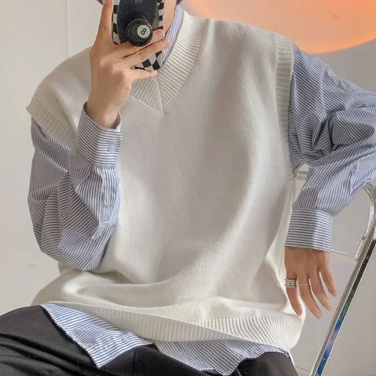 Plain Sleeveless Knitted Sweaters for Men Solid Color Man Clothes Waistcoat V Neck Vest White A Thick Winter Korean Autumn Baggy