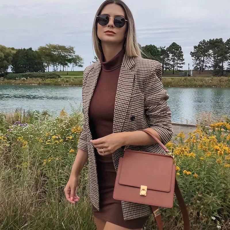 Elegant Plaid Long Sleeve Blazers Women 2025 Double Breasted Office Suit Jacket Woman Casual Turn Down Collar Outwear Lady